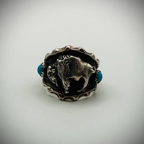 Running Bear .925 Sterling Silver Buffalo Ring w/ Turquoise – Size 10 (10 g) - Picture 1 of 5